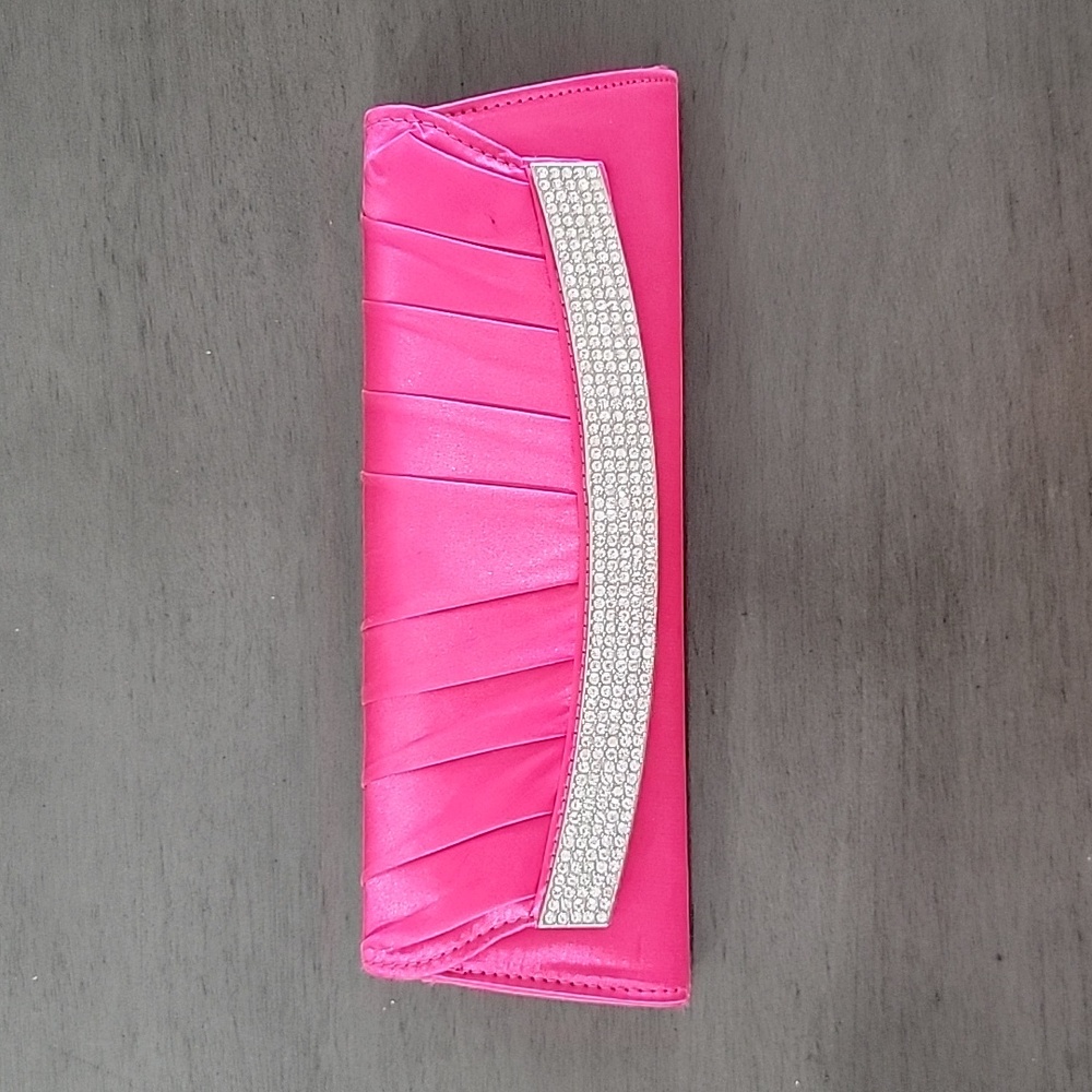 Hot Pink Satin Clutch With Rhinestone Details